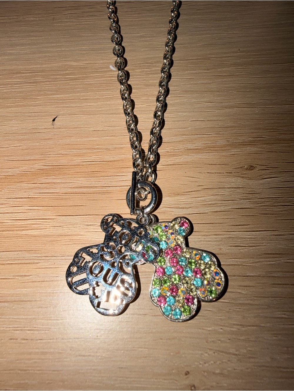 Tous Multicolor Crystal Bear Pendant Necklace in Silver Tone
